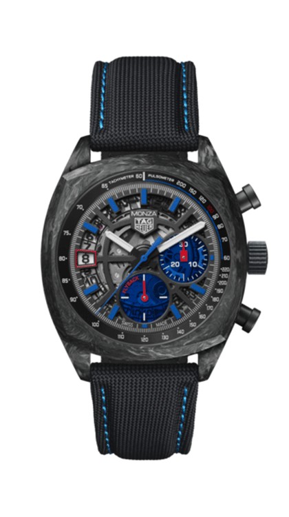 Monza Flyback in carbon, 42mm diameter, automatic chronograph skeleton movement, date in an aperture, textile strap © Tag Heuer