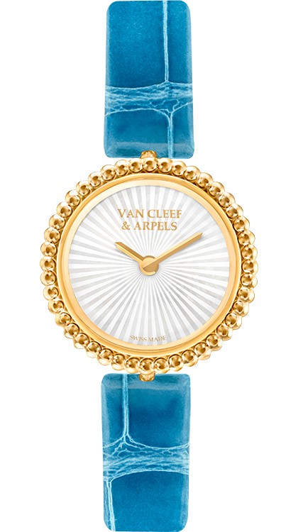 Perlée Watch in yellow gold, 23mm diameter, quartz movement, leather strap © Van Cleef & Arpels